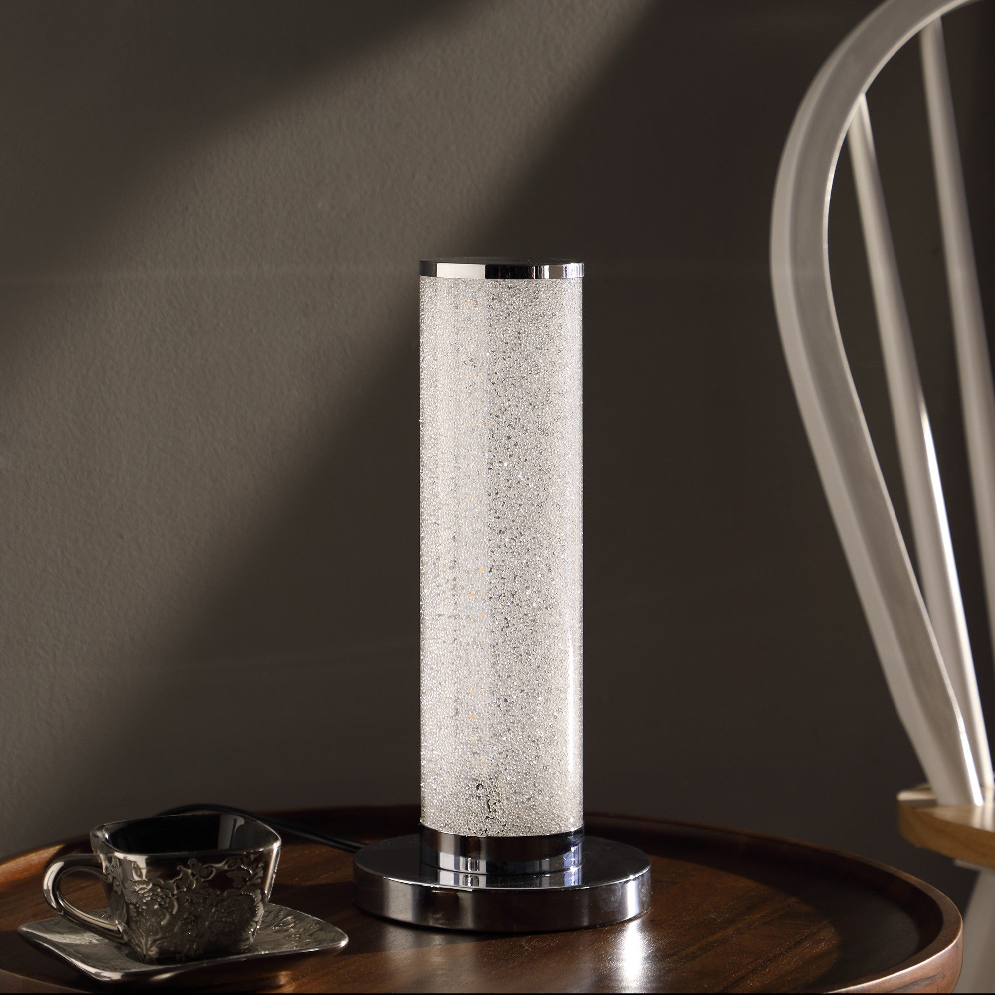 Modern White Sand Crystal & Steel Table Lamp – 13”