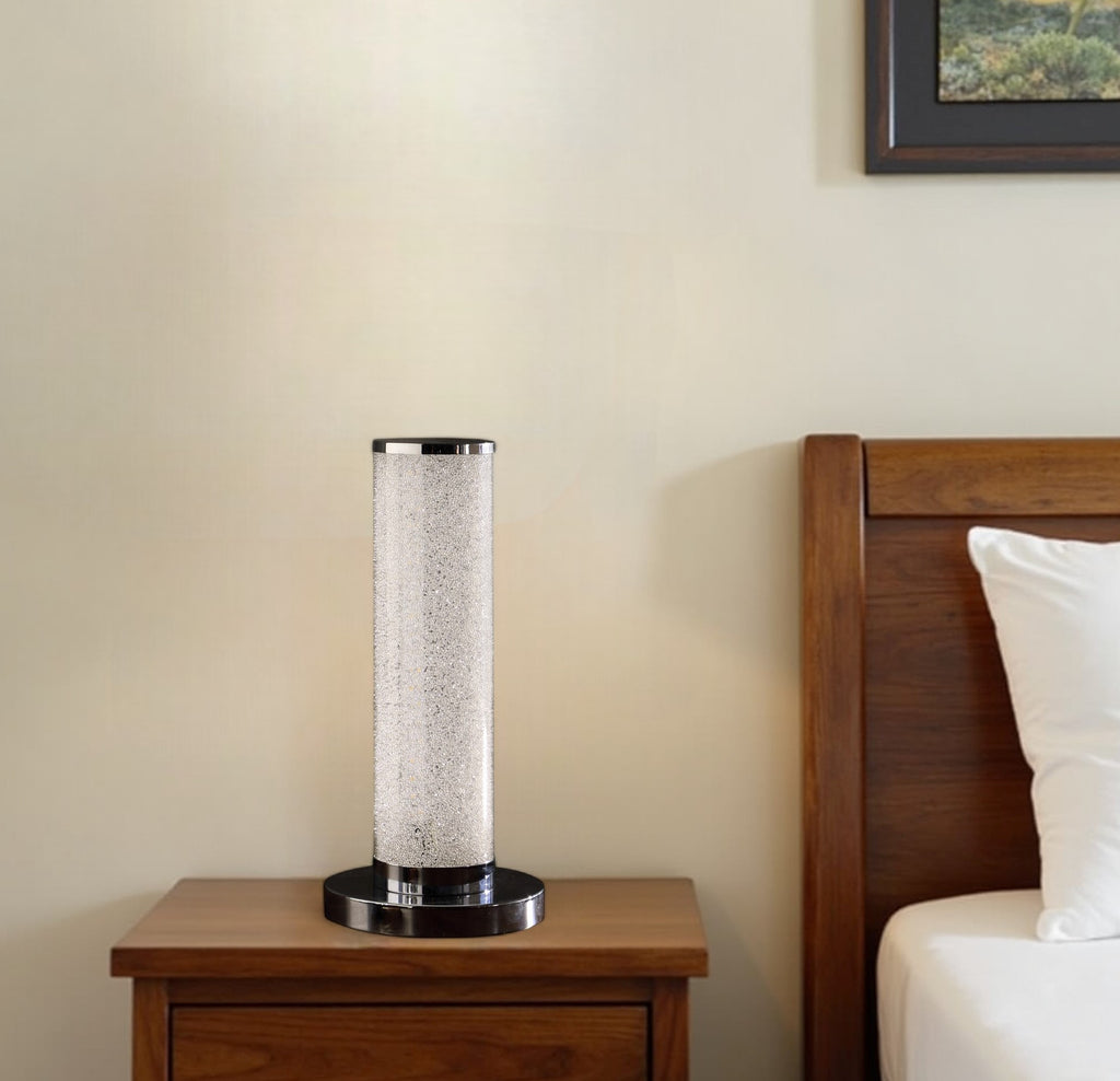 Modern White Sand Crystal & Steel Table Lamp – 13”