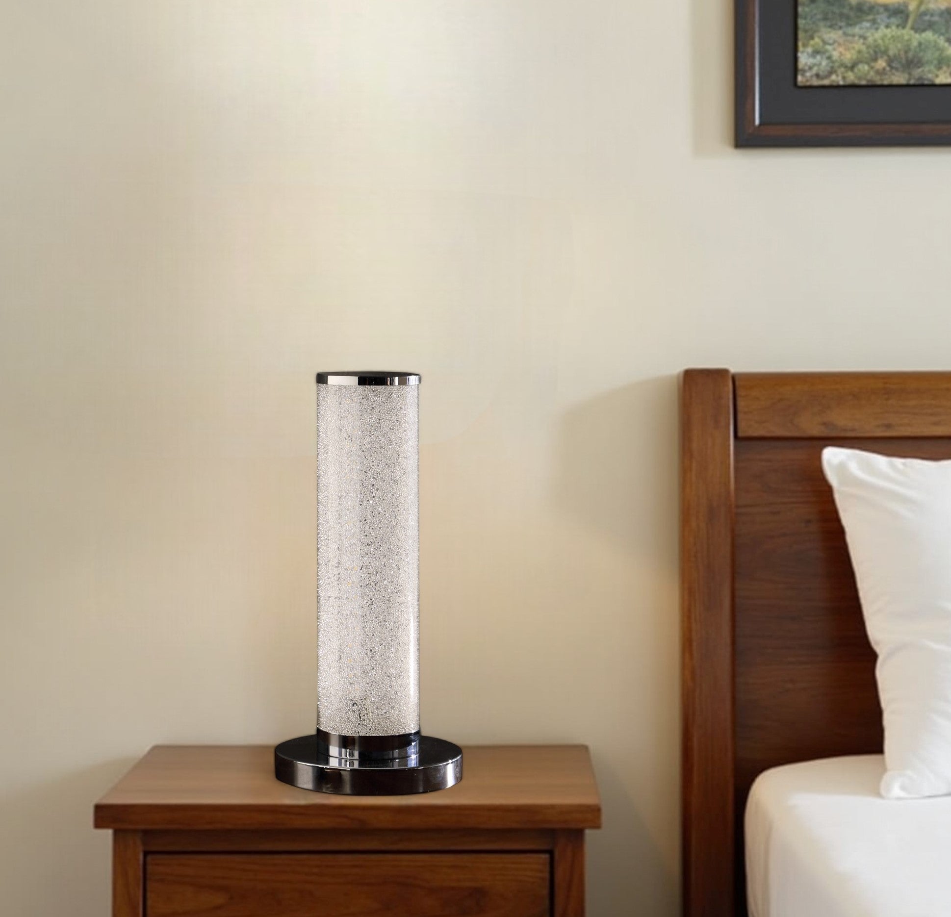 Modern White Sand Crystal & Steel Table Lamp – 13”