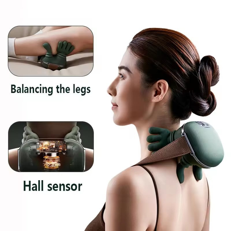Woman using a green neck and shoulder massager with close-up insets showing 'Balancing the legs' and 'Hall sensor' features.