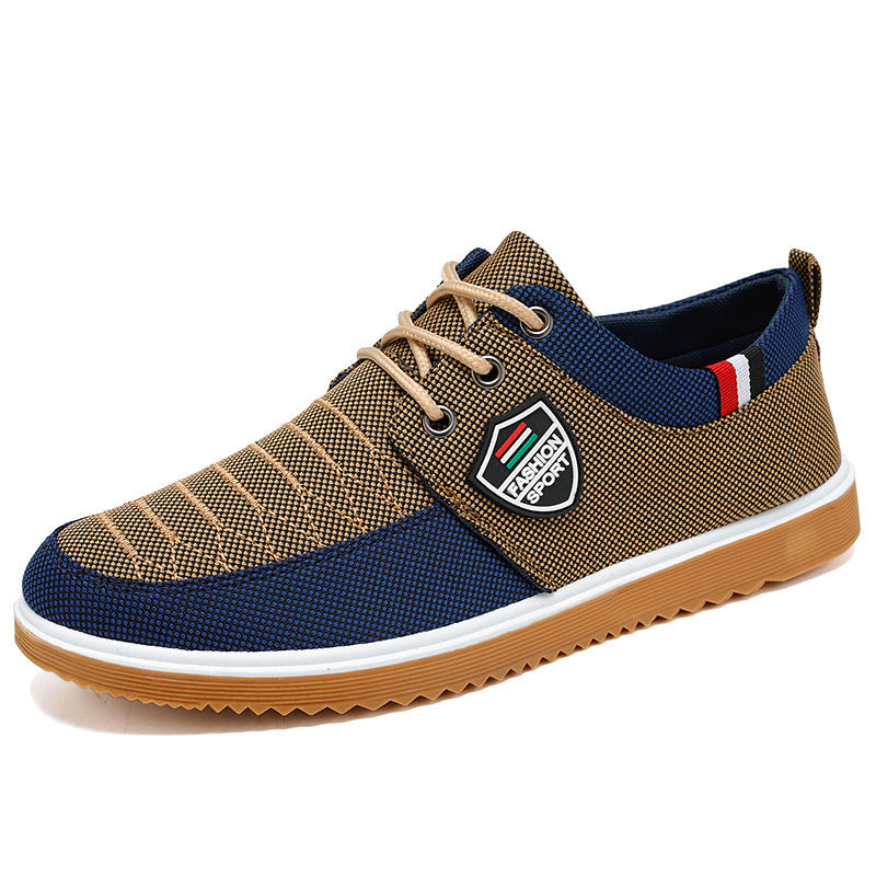 Brown and blue sneaker with a brand logo on a white background