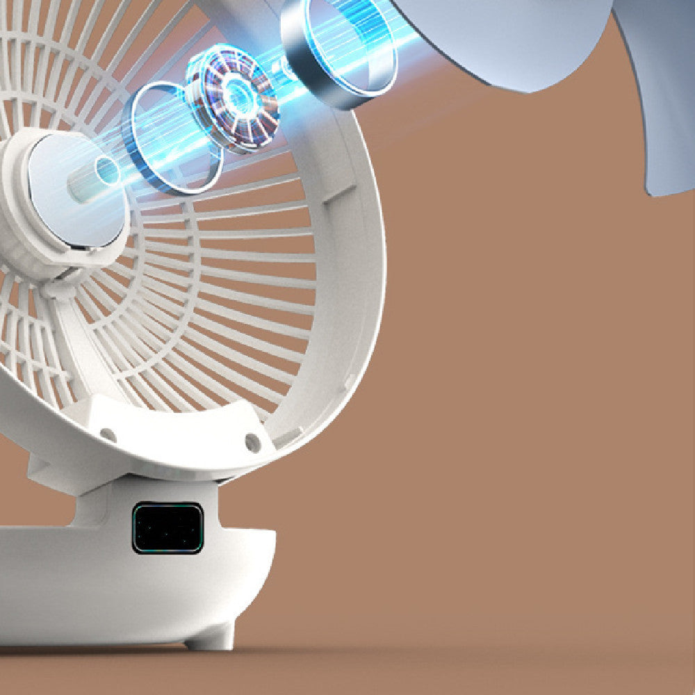 Close-up of a white portable fan with blue lights on a brown background