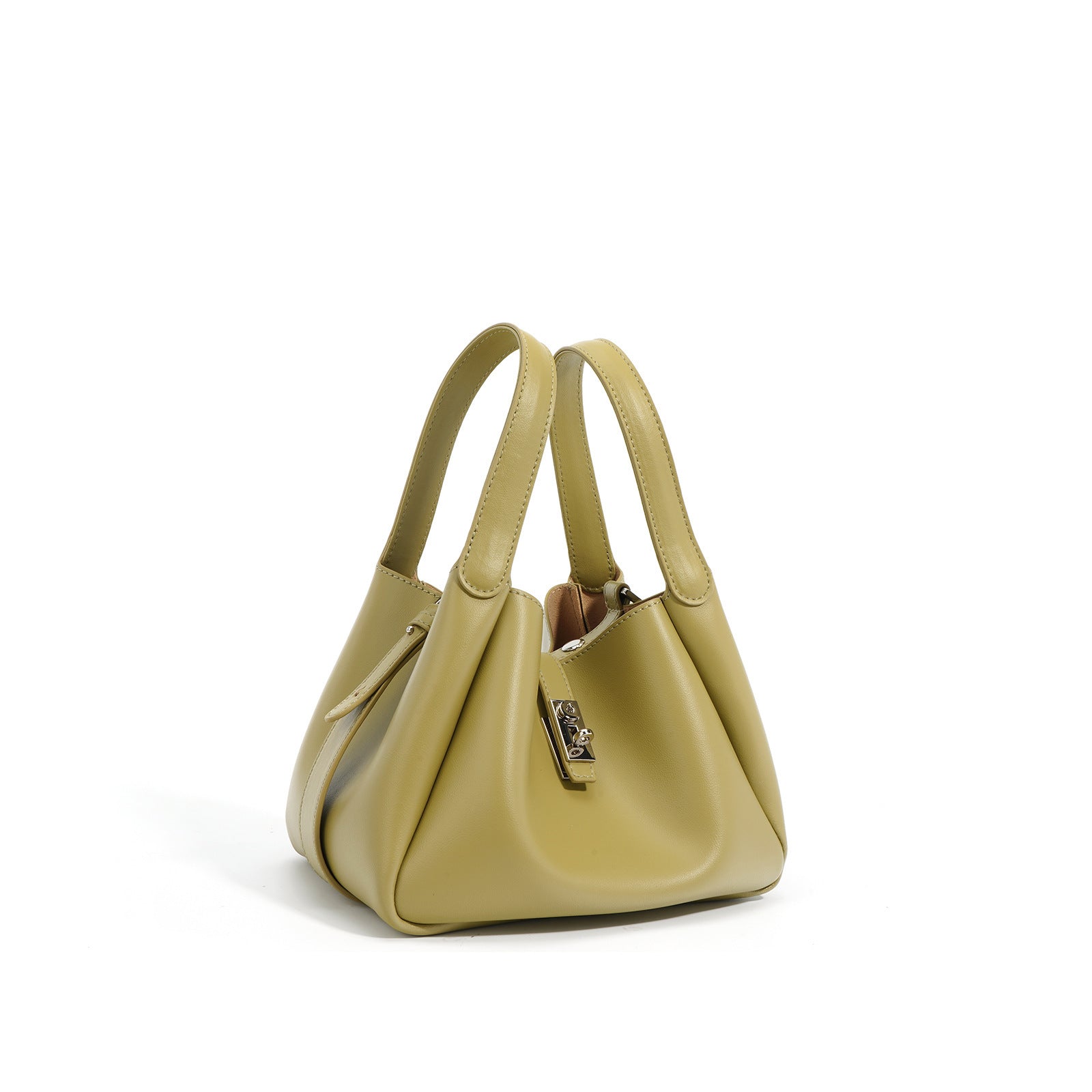 Light green handbag with a gold clasp on a white background