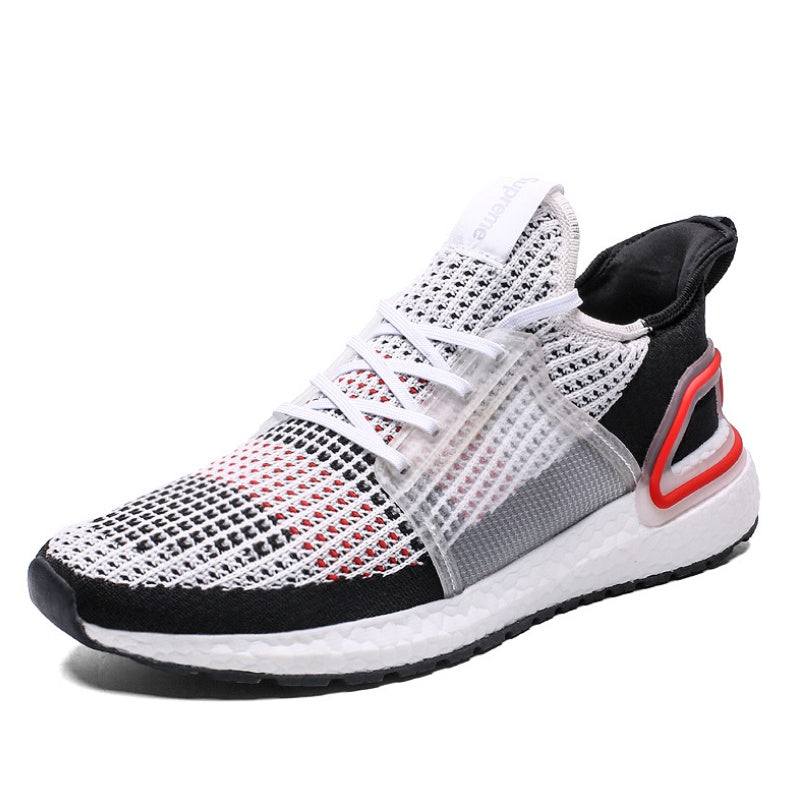 White, black, and red sneaker on a white background