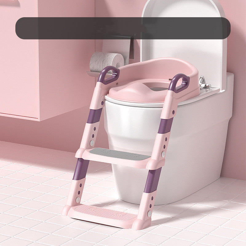 Pink and purple step stool with ladder attached to a toilet in a bathroom setting.