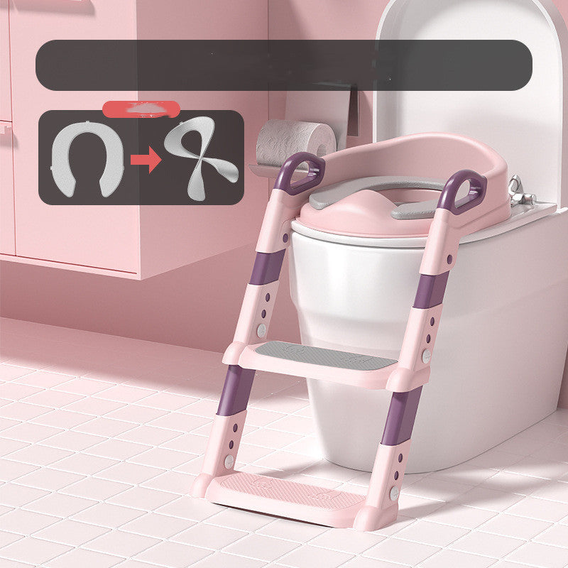 Pink and purple children's toilet seat with ladder in a bathroom setting