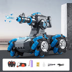 Toy robot with blue and gray design, featuring a remote control and accessories on a gray background.