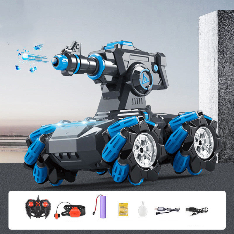Toy robot with blue and gray design, featuring a remote control and accessories on a gray background.