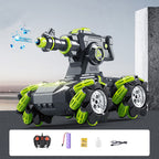 Toy robot with green and gray design, featuring a remote control and accessories on a gray background.