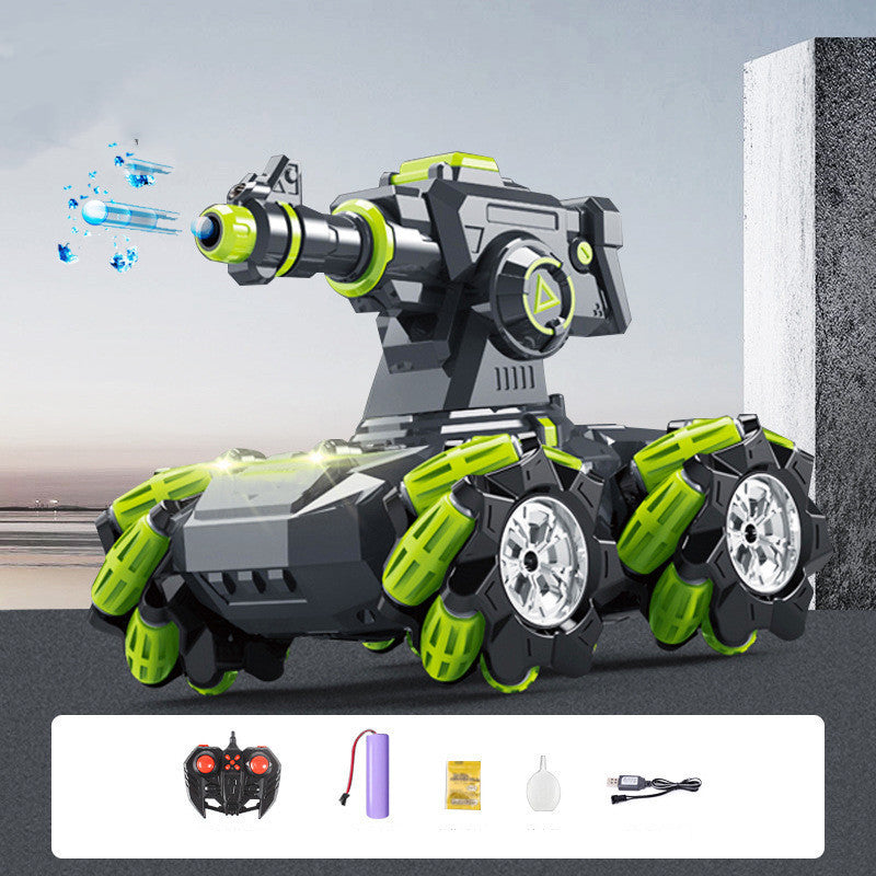 Toy robot with green and gray design, featuring a remote control and accessories on a gray background.