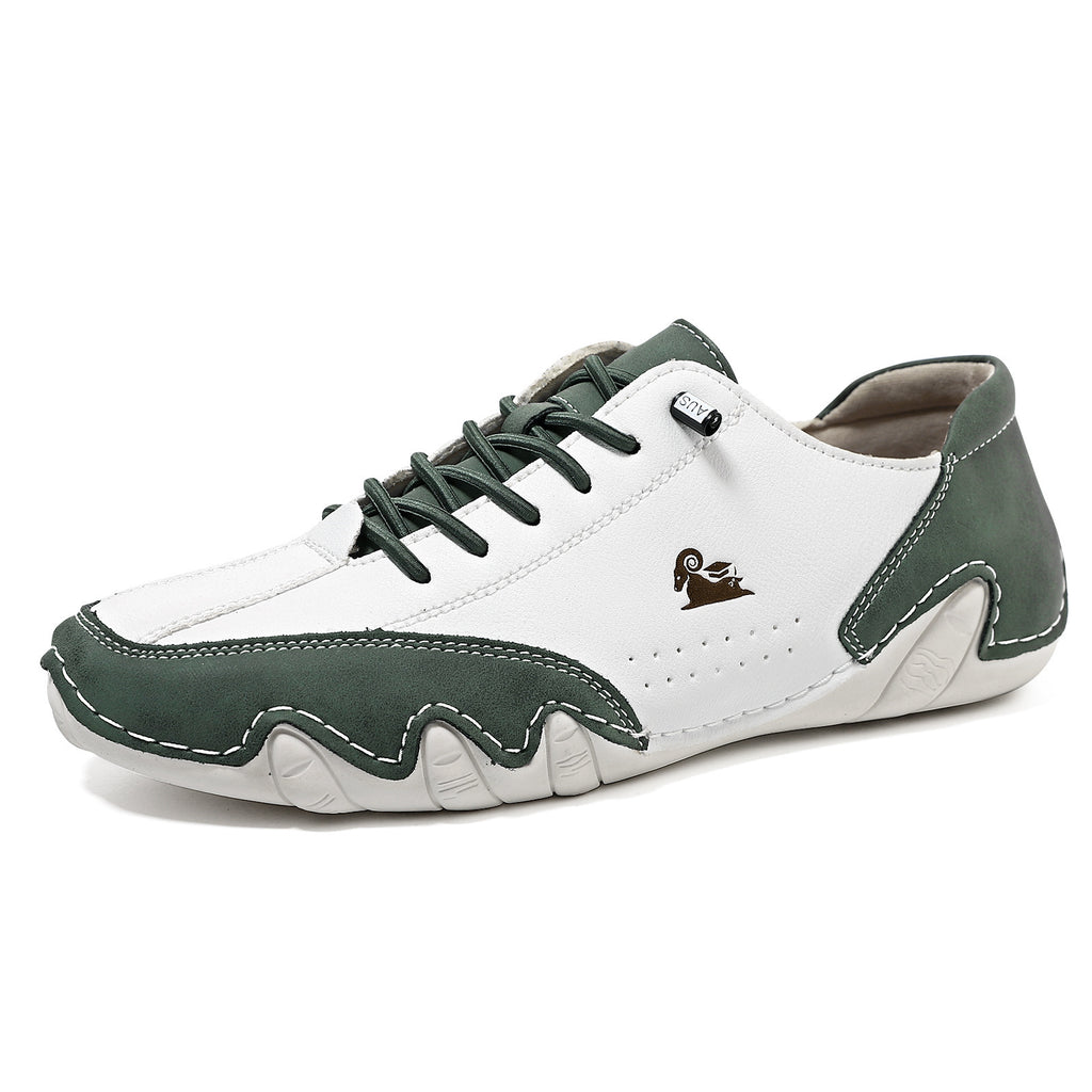 White and green sneaker with a brand logo on a white background