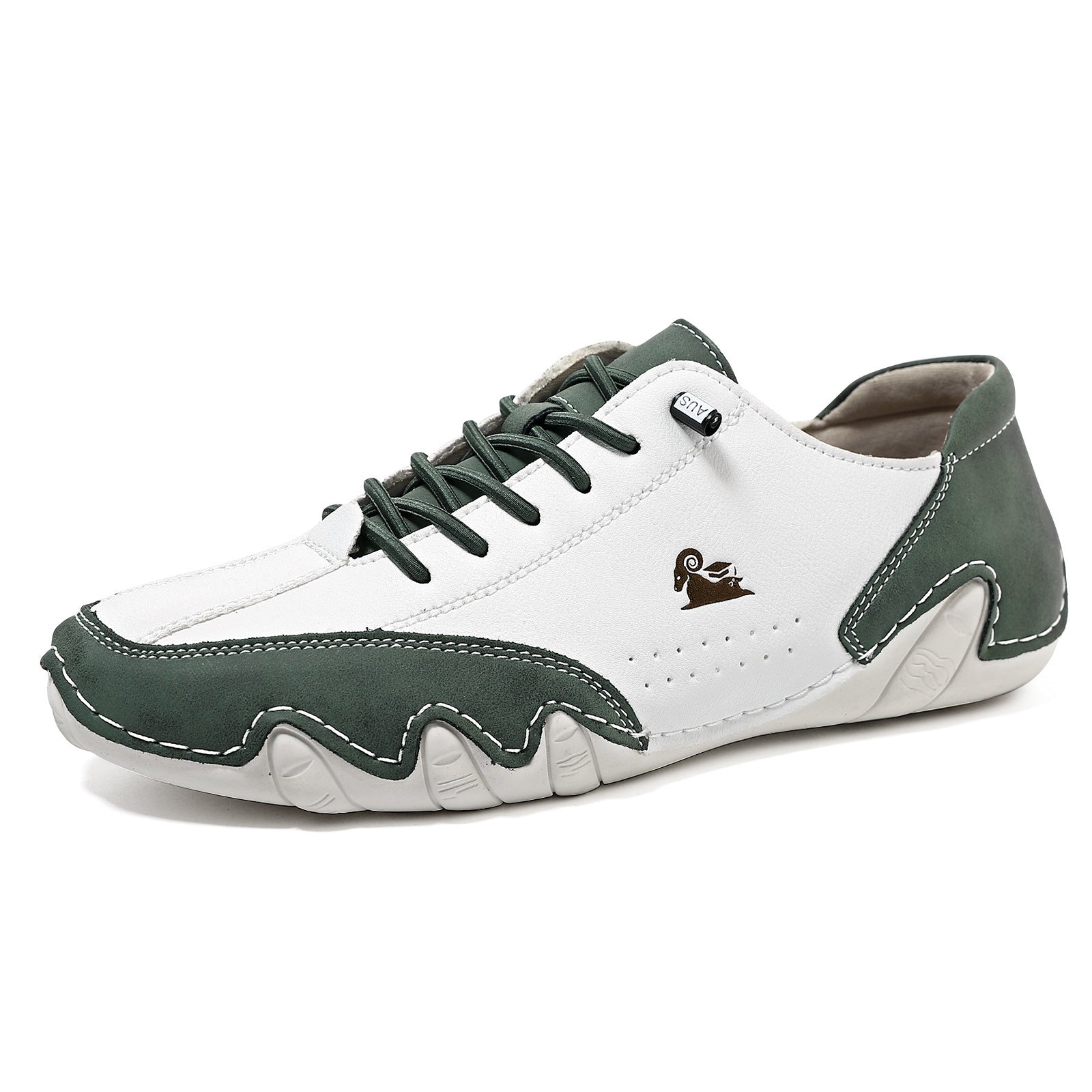 White and green sneaker with a brand logo on a white background