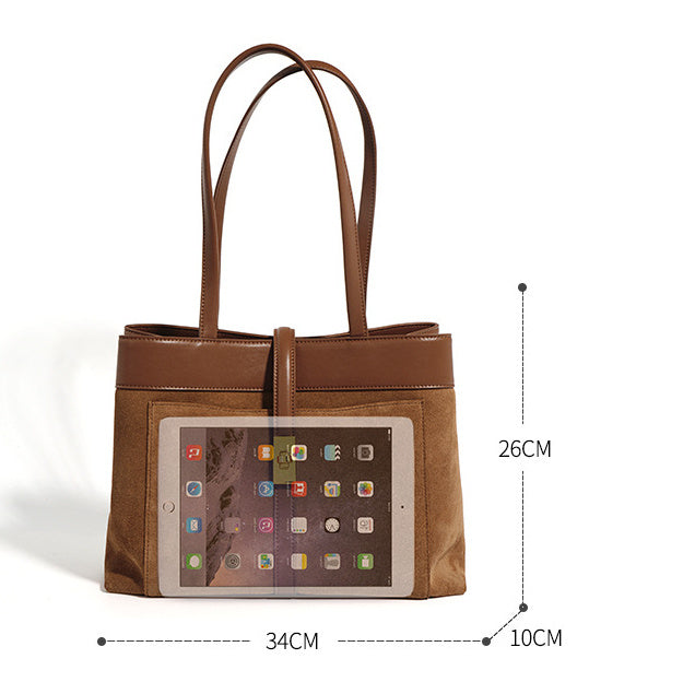 Brown tote bag with a tablet pocket and measurements on a white background