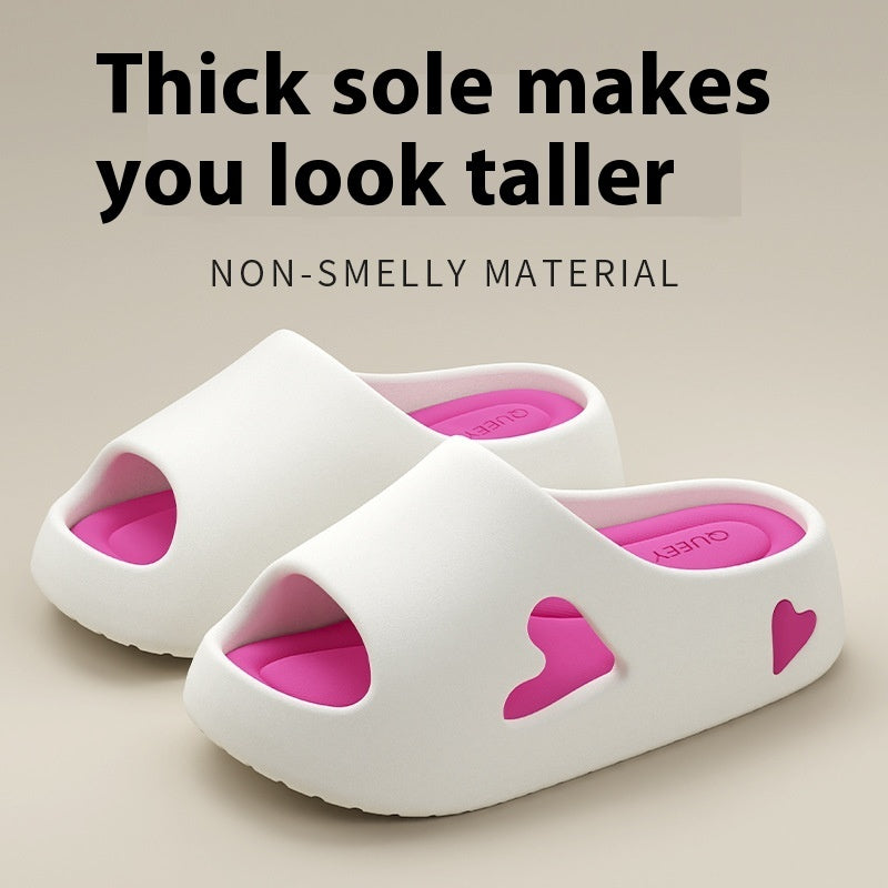 White slides with pink hearts on a beige background, featuring text about thick sole and non-smelly material.
