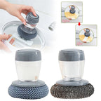 Cleaning tool with scrubber head and clear container on a white background