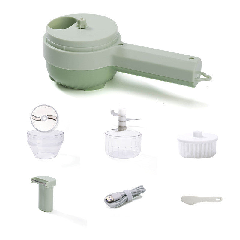 Set of kitchen tools including a green handheld mixer, attachments, and a USB cable on a white background.