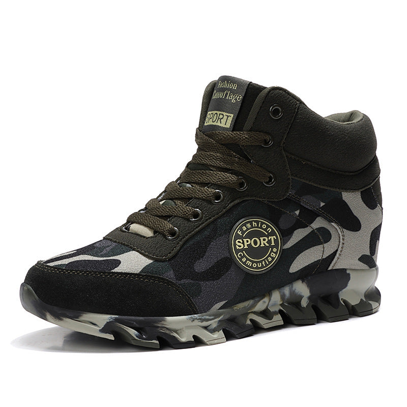 Camouflage sneaker with 'Sport' logo on a white background