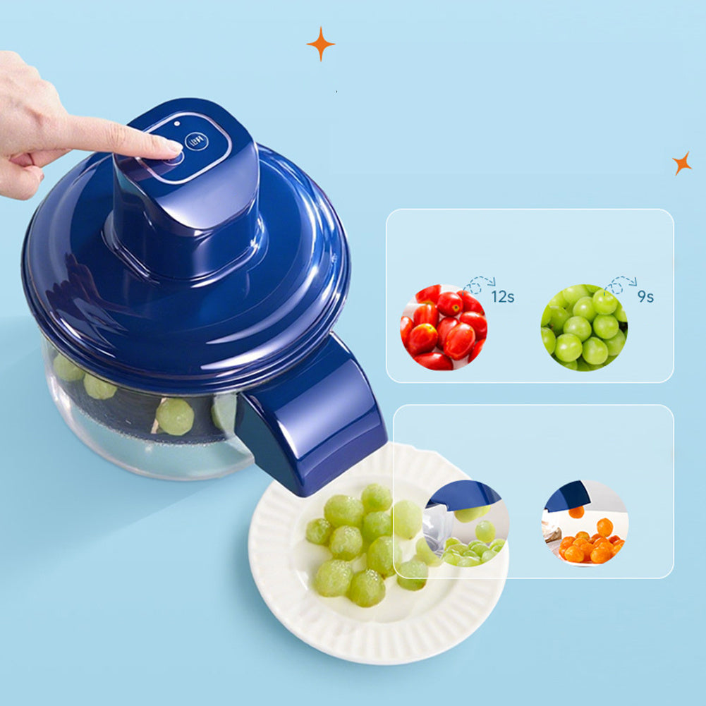 Blue food peeler with a hand pointing to it on a blue background