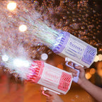 Two bubble guns labeled 'Bazooka' being used to create a bubble effect with blurred lights in the background.