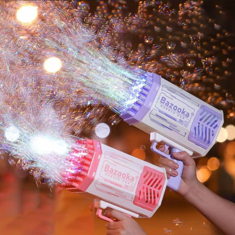 Two bubble guns labeled 'Bazooka' being used to create a bubble effect with blurred lights in the background.