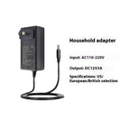 Black household adapter with specifications on a white background
