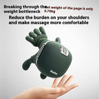 Green massage glove held in a hand with promotional text on a light gray background