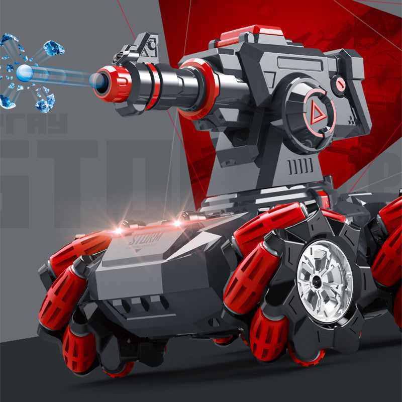 Toy robot with red and gray design on a dark background