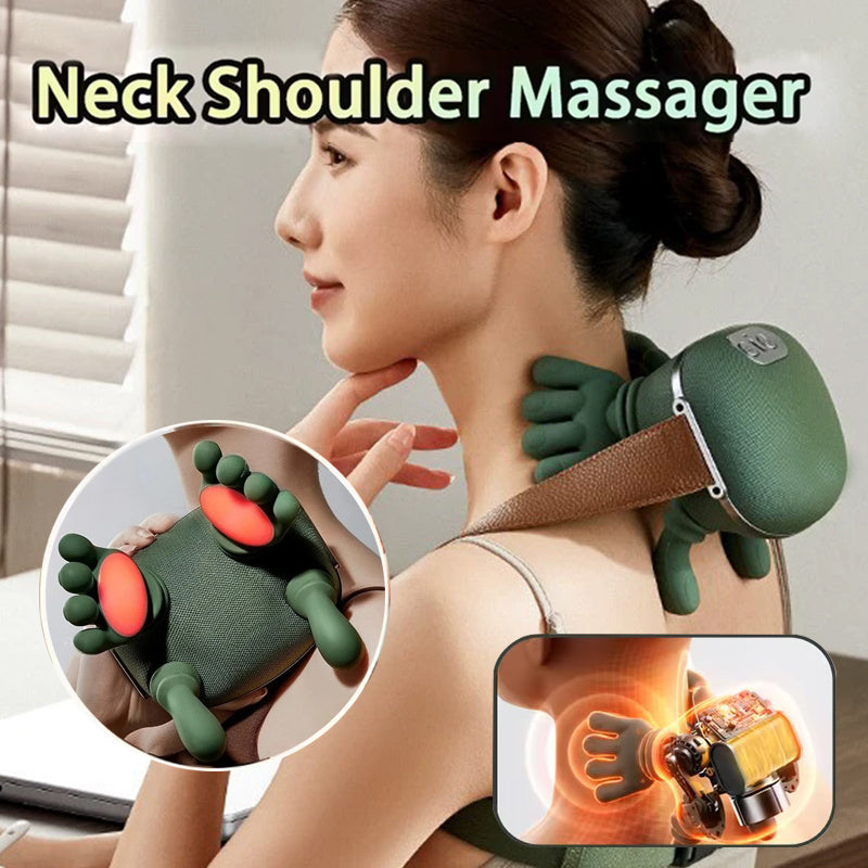 Woman using a neck shoulder massager with close-up details on its features.