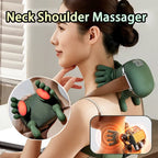 Woman using a neck shoulder massager with close-up details on its features.