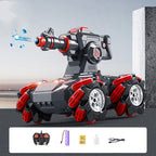 Toy robot with red and black design on a gray background