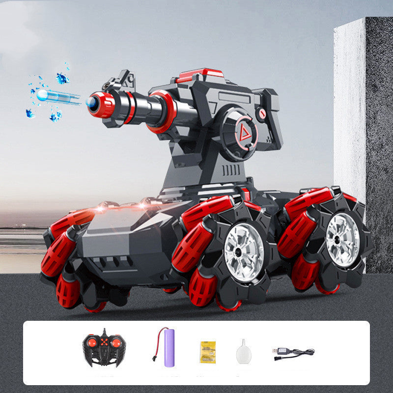Toy robot with red and black design on a gray background