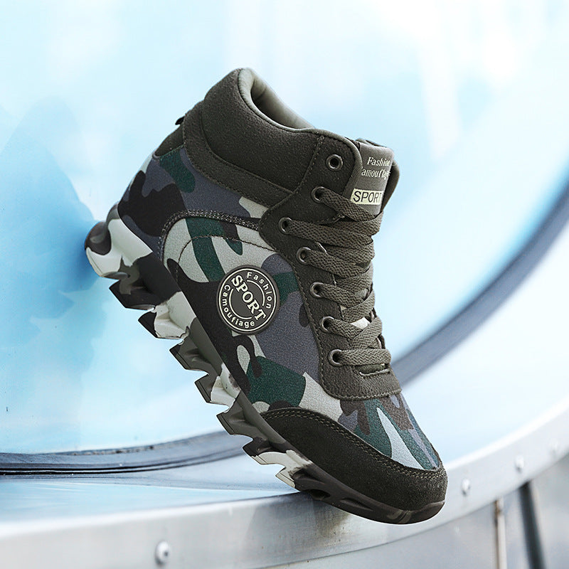 Camouflage sneaker with a brand logo on a light blue background