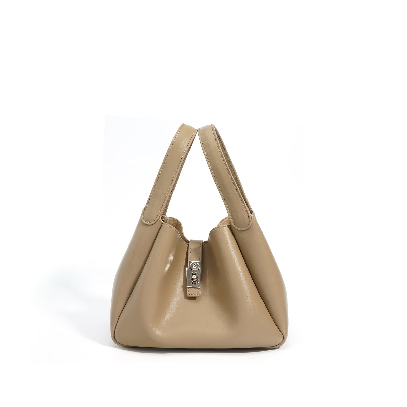 Beige handbag with a silver clasp on a white background