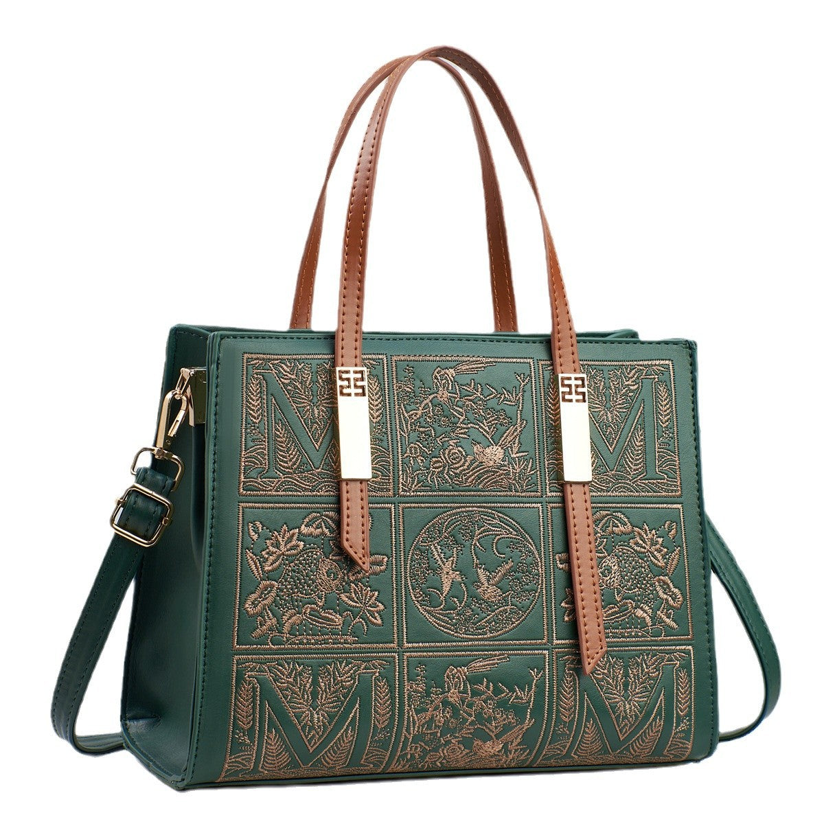 Green handbag with intricate gold patterns and brown straps on a white background