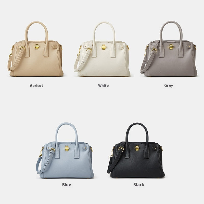 Five handbags in different colors with labels on a white background