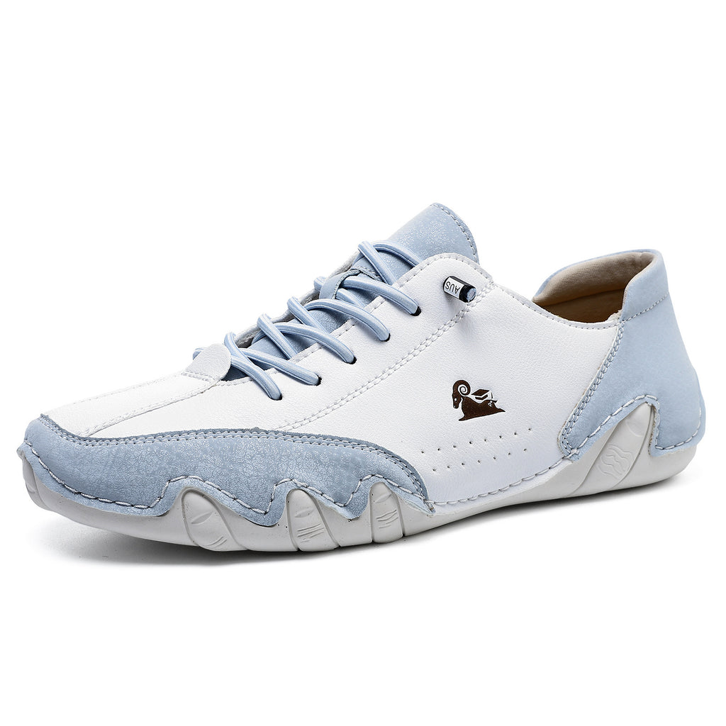 White and light blue sneaker with a brand logo on a white background