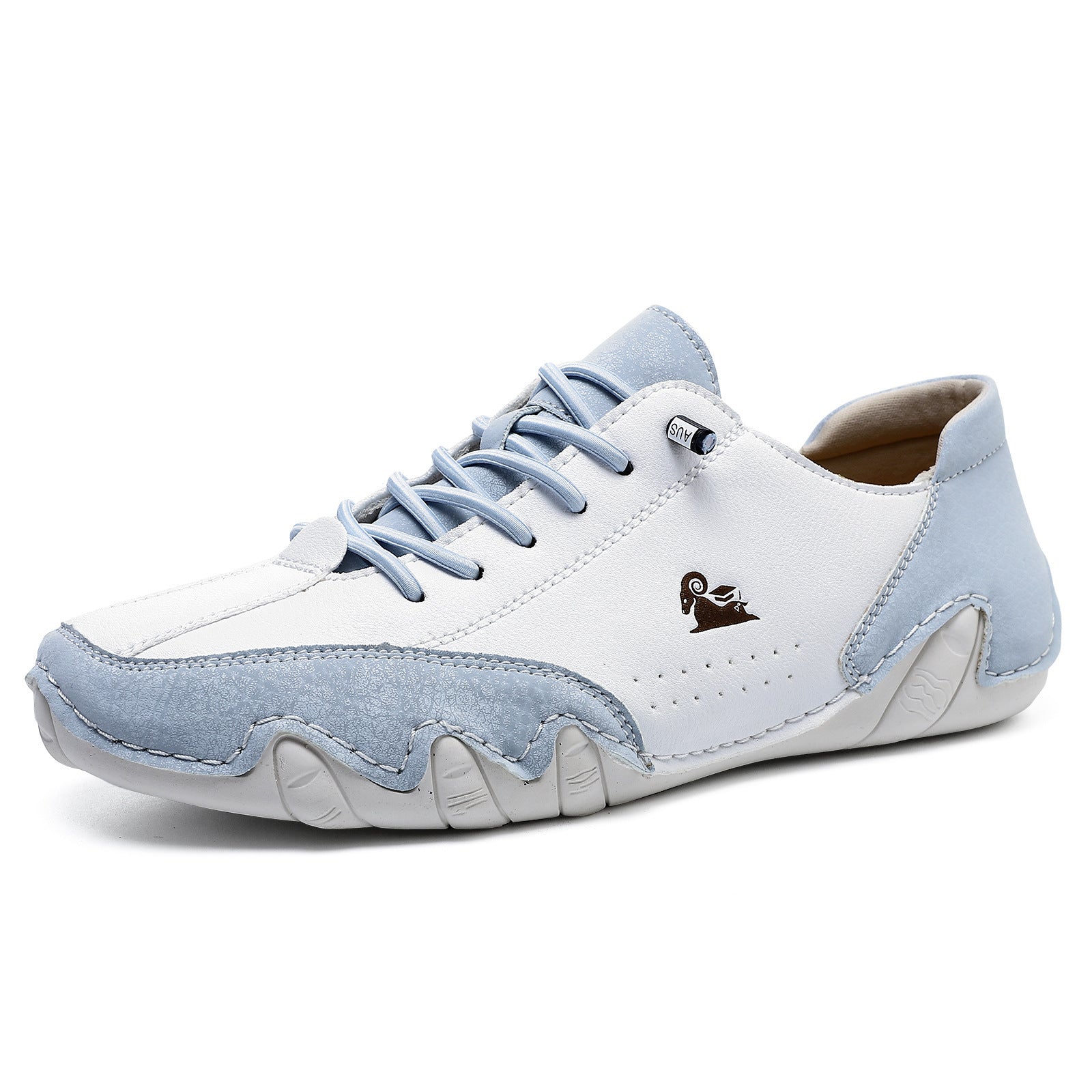 White and light blue sneaker with a brand logo on a white background