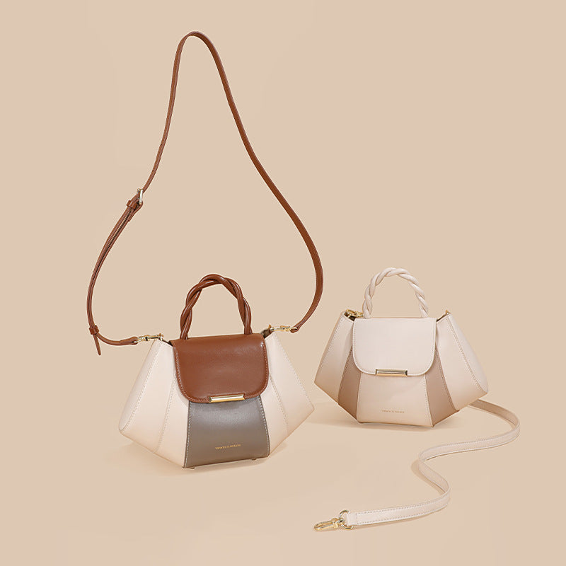 Two handbags, one with a brown strap and another with a detachable strap, on a beige background.