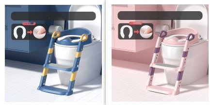 Two children's toilet seats with ladders, one blue and one pink, on a white background.