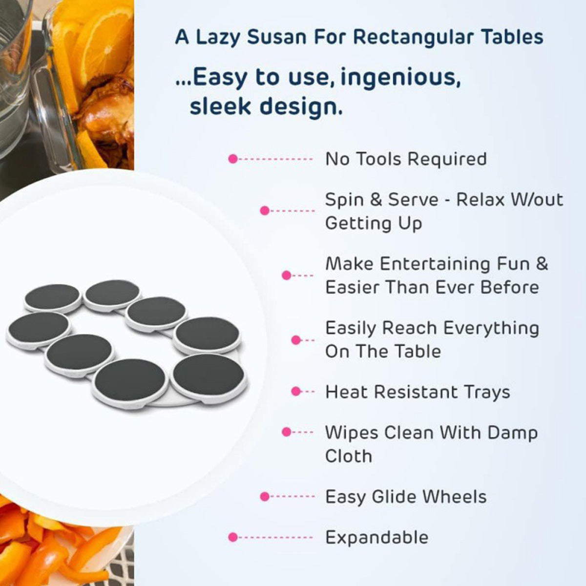 Lazy Susan for rectangular tables with features listed on a white background