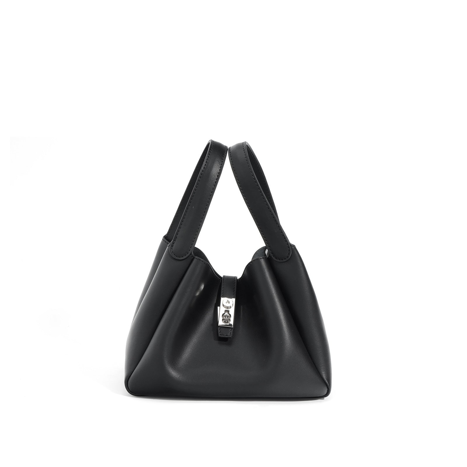 Black handbag with a silver clasp on a white background