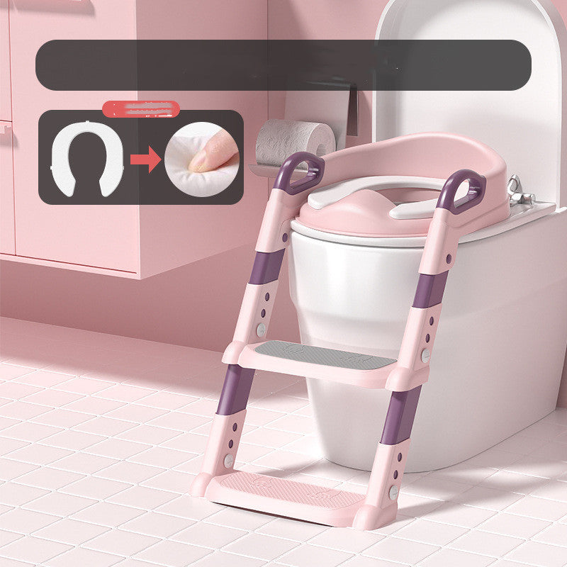 Pink and purple children's toilet ladder with seat attachment on a toilet in a bathroom setting.