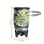 Camouflage-patterned camping stove with dimensions on a white background