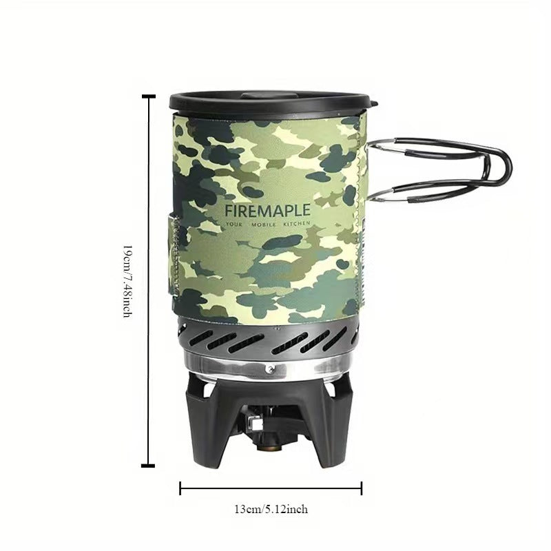 Camouflage-patterned camping stove with dimensions on a white background