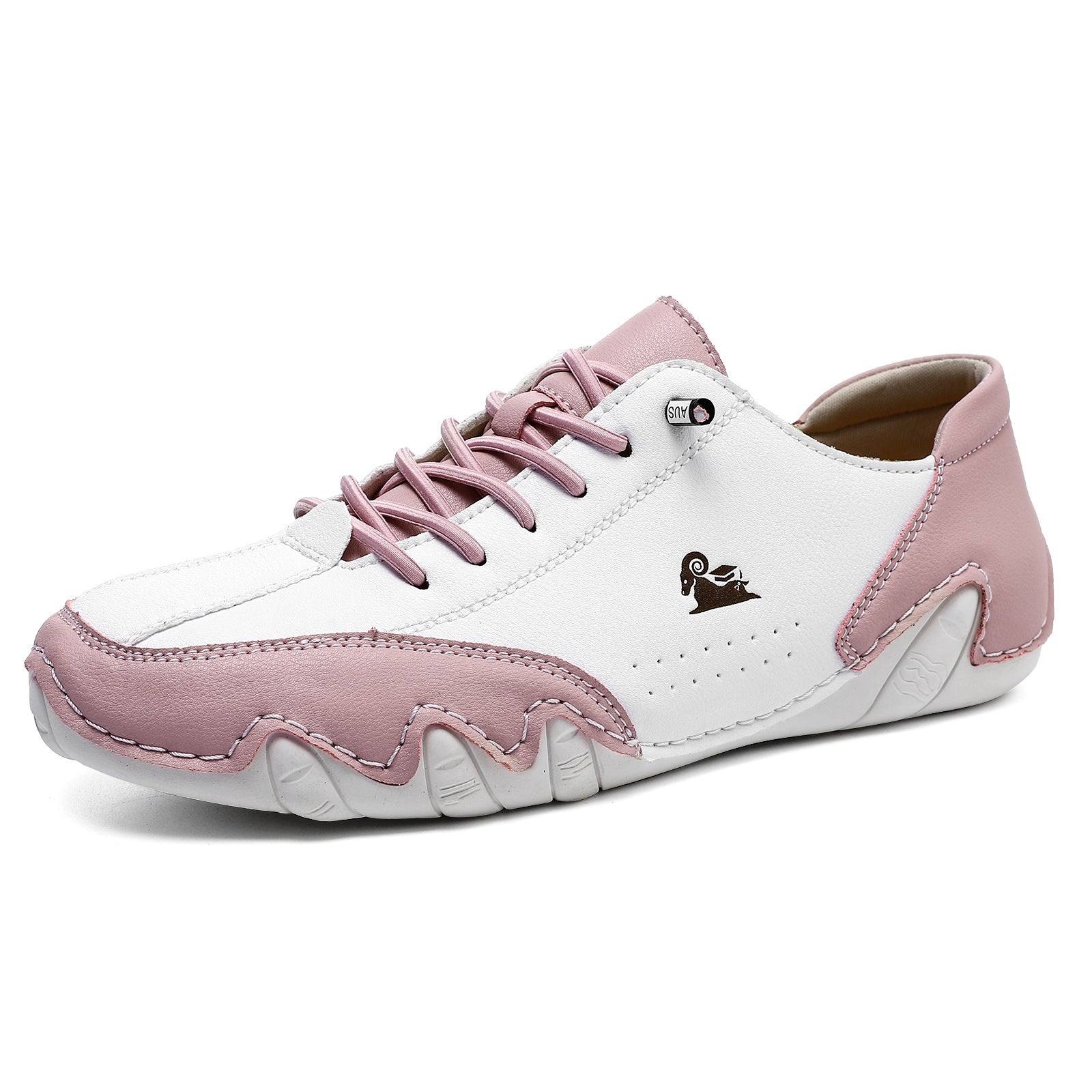 White and pink sneaker with a brand logo on a white background