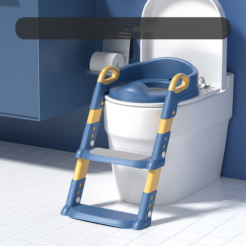 Blue and yellow step stool with seat attached to a toilet in a bathroom setting.