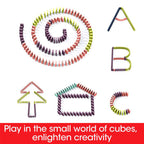 Colorful interlocking building blocks forming geometric shapes on a white background with text.