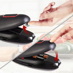 Black and red device with a battery being inserted, surrounded by blurred food images.