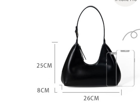 Black handbag with measurements on a white background