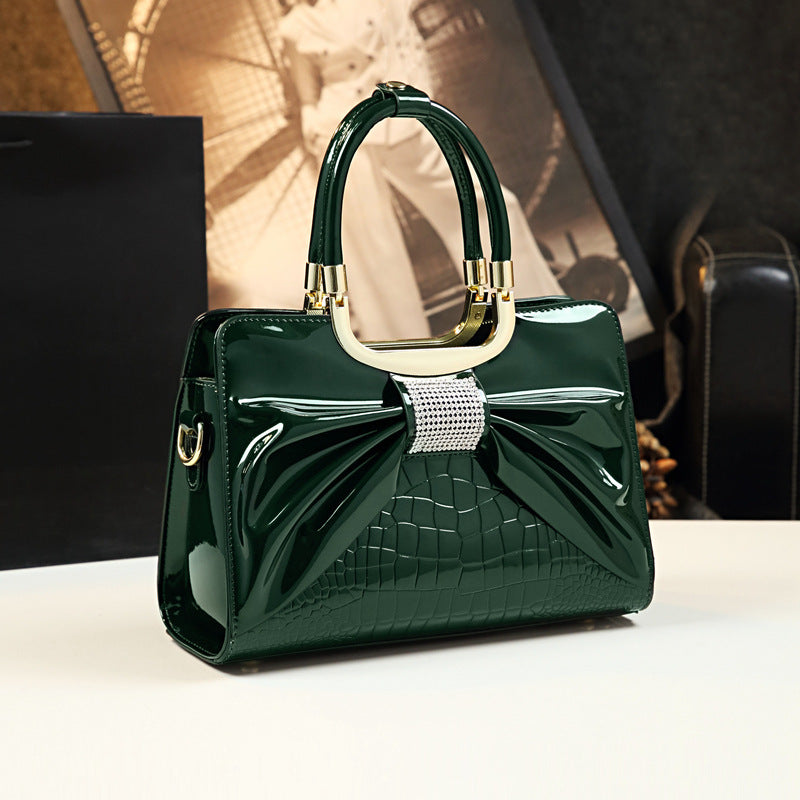 Elegant Bow Charm Glossy Tote – Premium PU Satchel
